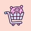 A cute pink cartoon pig in a shopping cart.