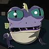 Bitey the Gorg from Star Wars Resistance. a small, round purple and yellow reptilian creature. He has a large fanged mouth that cuts all the way across the middle of his bodies and big teal eyes with black vertcal pupils.