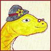 Yellow rat snake wearing glasses and a purple floral hat.